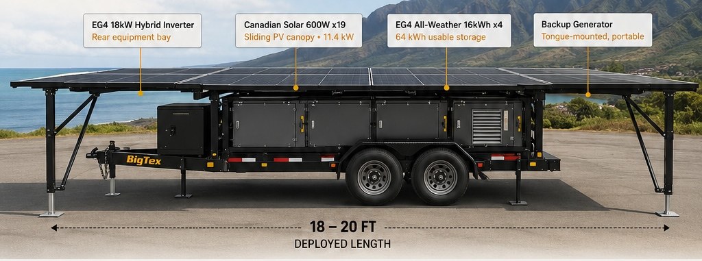 RTD Energy mobile solar power trailer with labeled equipment: EG4 18kW hybrid inverter, Canadian Solar 600W x19 panels, EG4 all-weather 16kWh x4 batteries, and portable backup generator